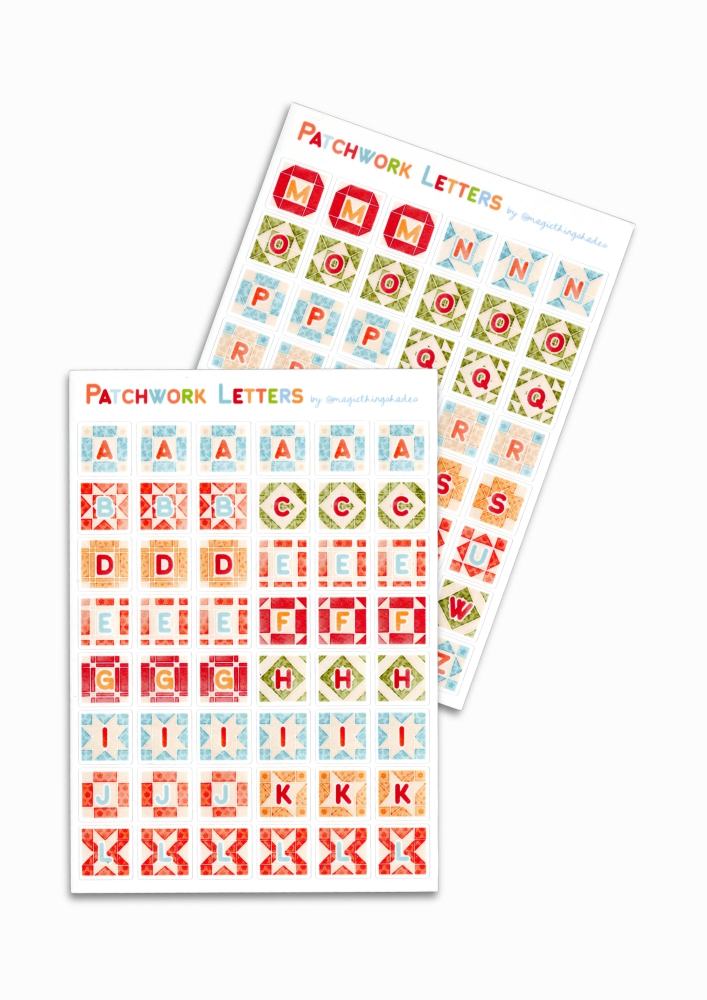 Planches de stickers illustrés “Alphabet patchwork letters”